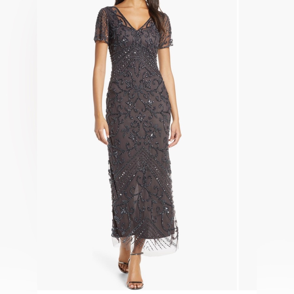 Pisarro Nights Beaded Mesh Column Gown | Slate Gray | Size 8 | Nordstrom